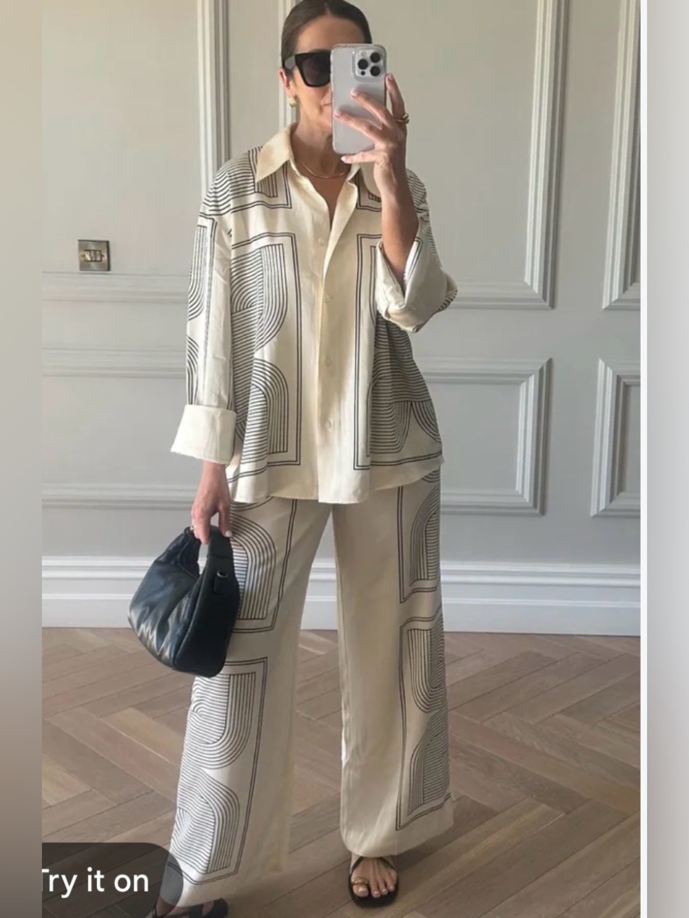 H&M Cream Wide-Leg Pants with Black Geometric Print and Top